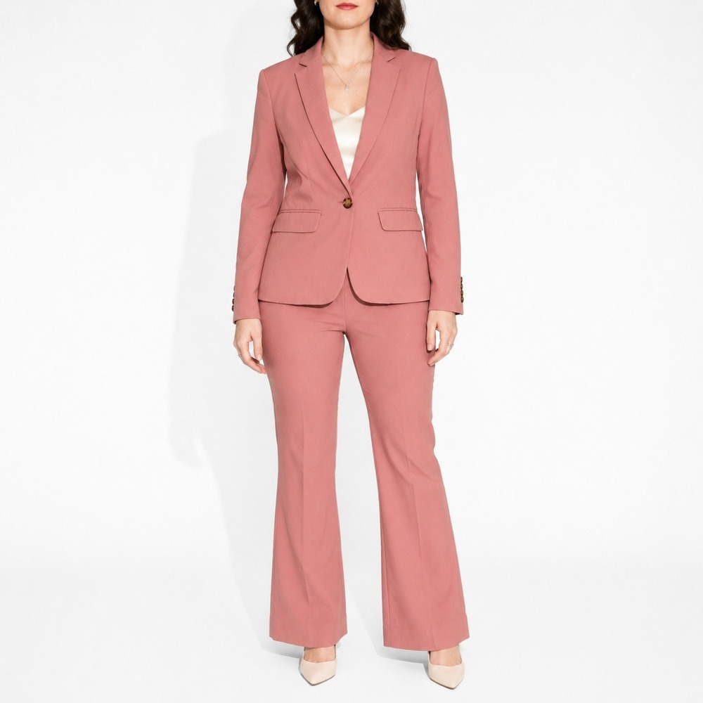 Ann Taylor Rose Pink Pant Suit Women 2P Flare Leg Trousers 1 Button Blazer 2 pc